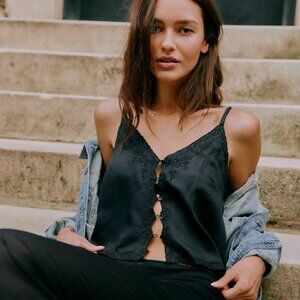 Free People Black Lace Eyelet trim Button front Cami